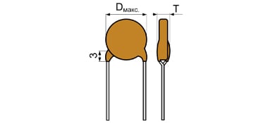 Габаритные размеры дисковых (однослойных) конденсаторов К10-7В, К10-19, КД-2