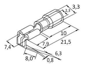 Схема наконечника плоского изолированного PBDD2-250 1,5-2,5 мм² 2 x 0,8х6,35 мм